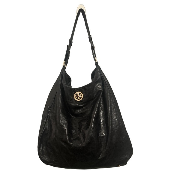 Tory Burch Handbags - TORY BURCH Dena Black Glazed Distressed Leather Hobo Shoulder Bag